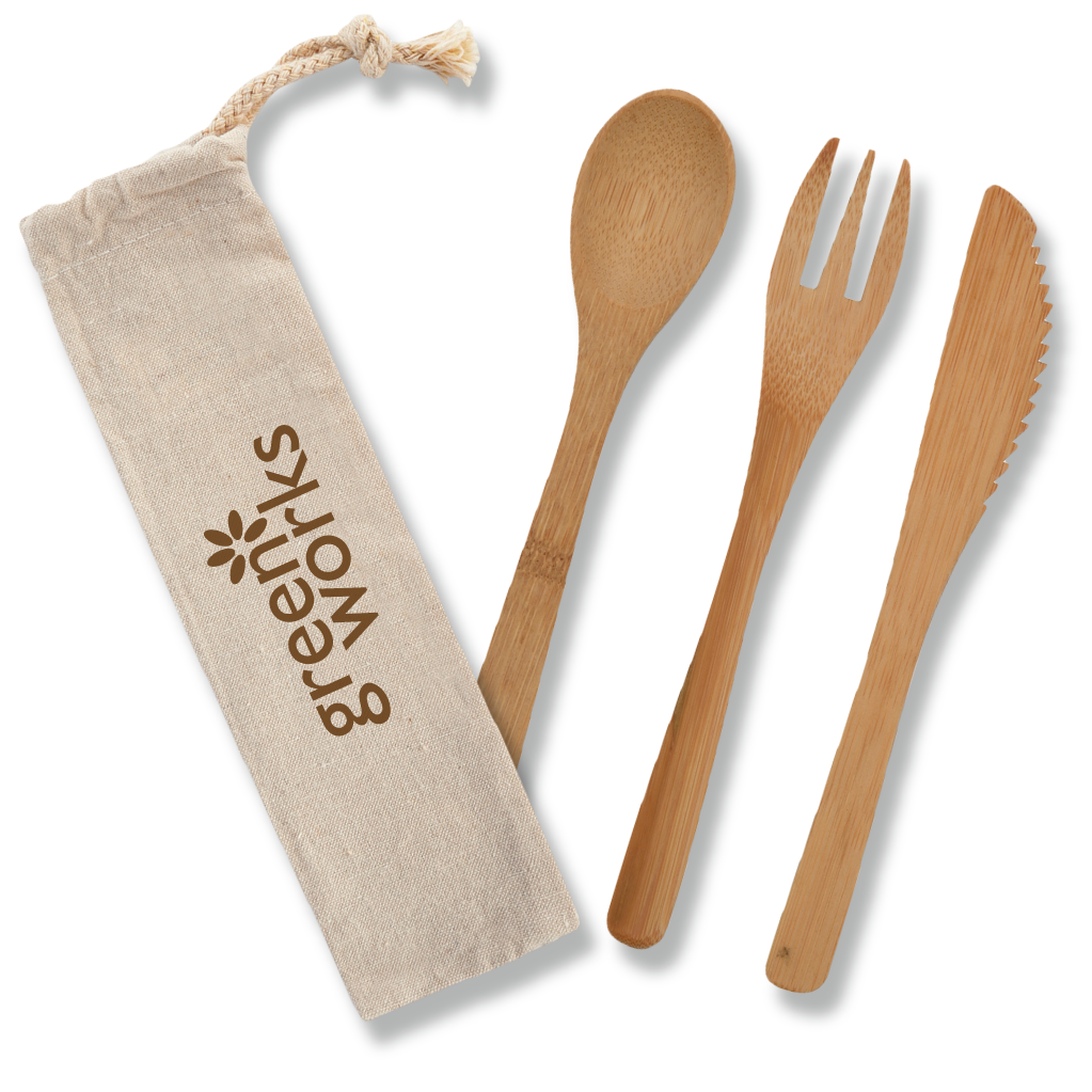 Custom 3 Piece Bamboo Utensil Set in Travel Pouch