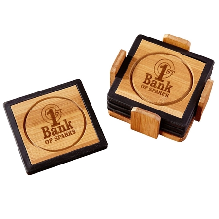 Custom Promotional Bamboo and Silicone Coaster Set in Black