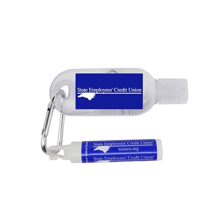 Custom Printed Antibacterial Hand Sanitizer With Carabiner + Clip Balm